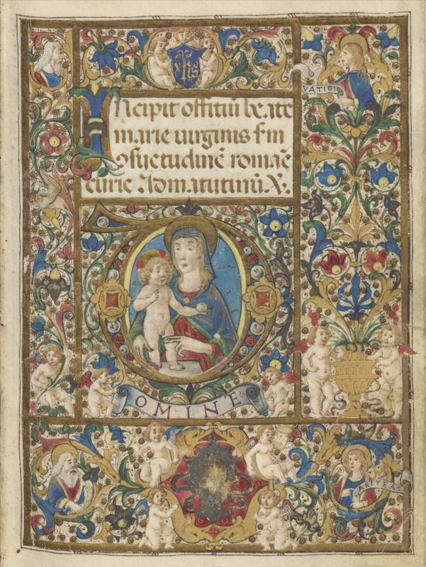 Full page illustration of the Virgin Maryl holding the Christ Child with missing family crest;