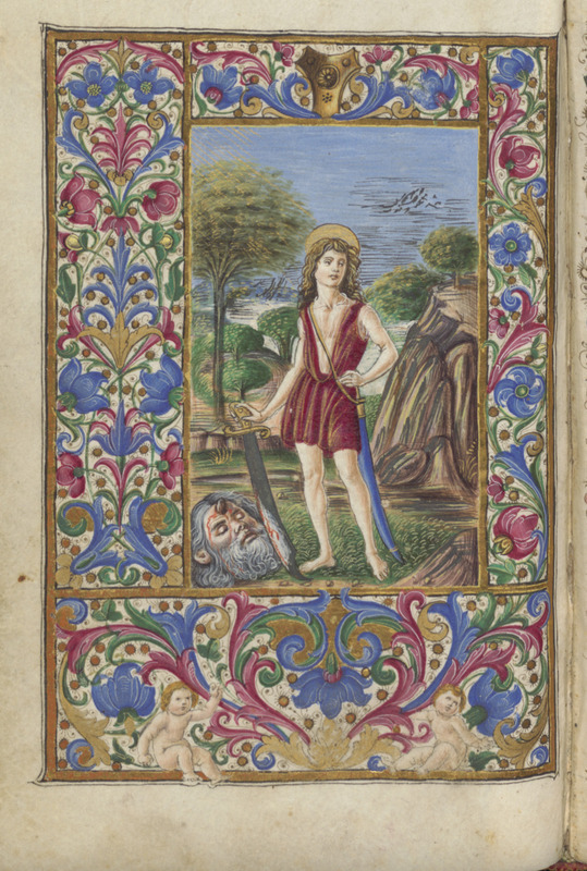 Full page illustration of David holding a sword and standing over the bloody head of Goliath