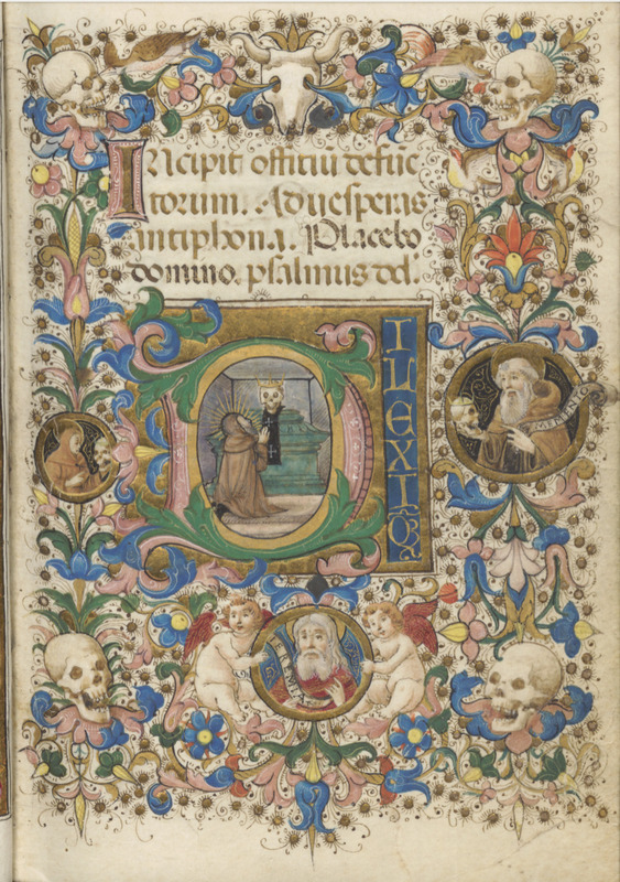 Full page illustration of Franciscans holding skulls surrounded by decorative human skulls and a bull skull