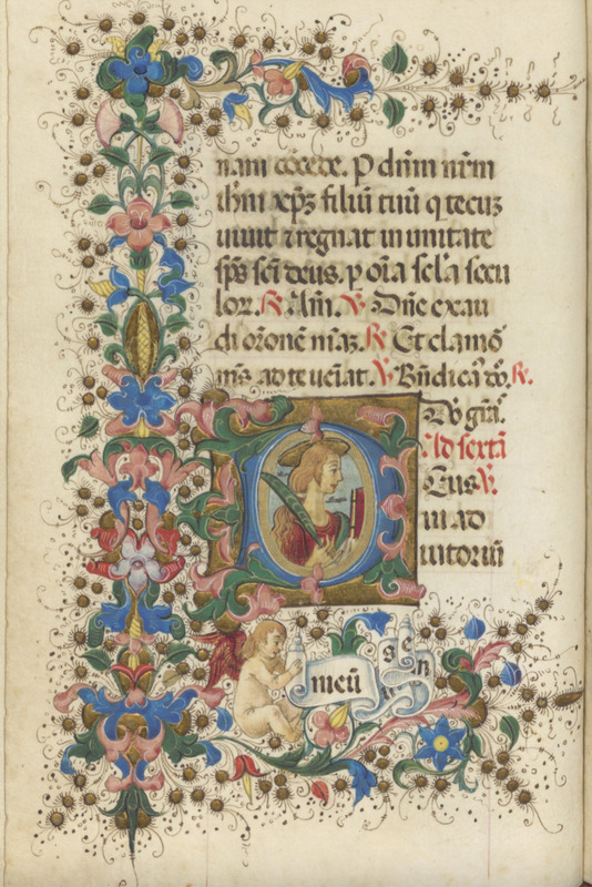 Profile of saint holding a book and a quill