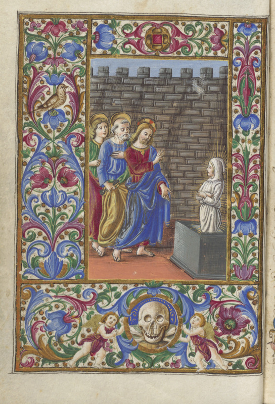 Raising of Lazarus featuring two putti holding a large skull at the bottom of the page