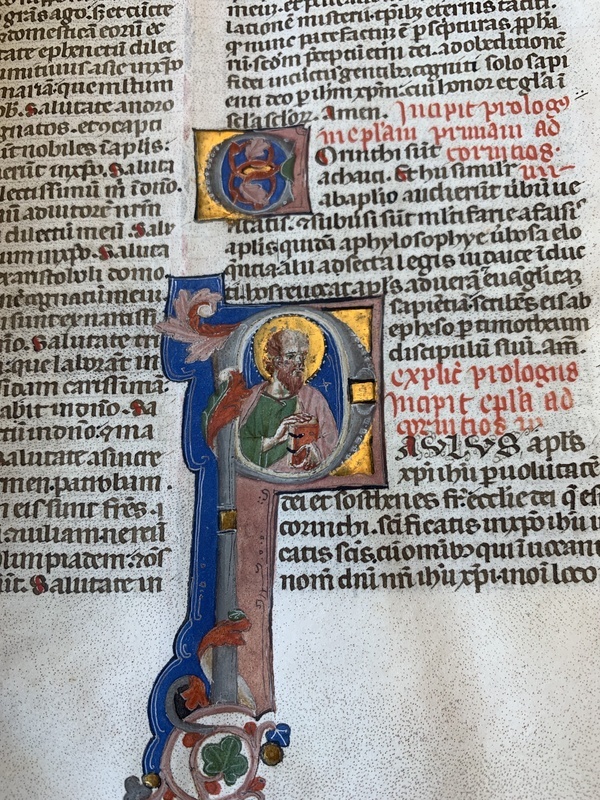 St. Paul holding a book inside a historiated initial of the letter p in Corinthians I