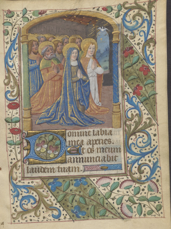 Mary and the apostles kneeling and receiving tongues of fire at Pentecost